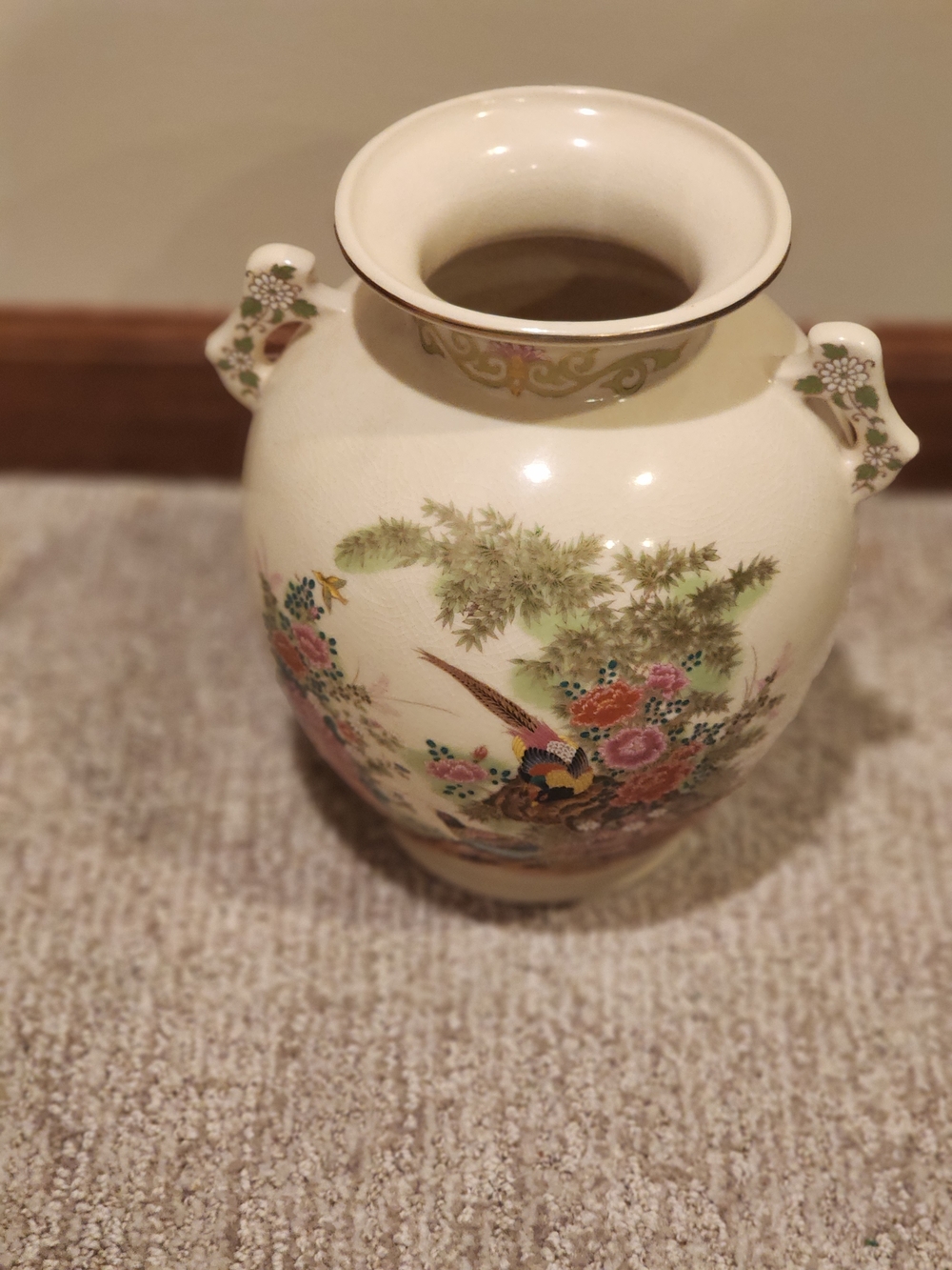 Vintage Satsuma-style vase from Japan featuring hand-painted peacock and Florals